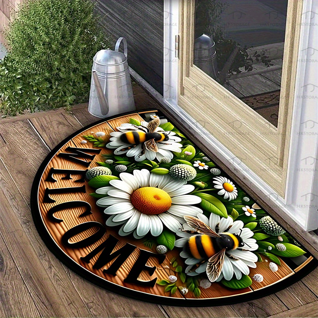 Flower and Bee Semicircular Polyester Rug Non-Slip Indoor Outdoor Decoration