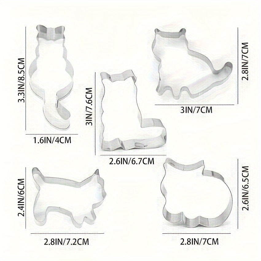 Set of 5 Cat and Kitten Cookie Cutters, Metal Baking Molds for Creative Baking