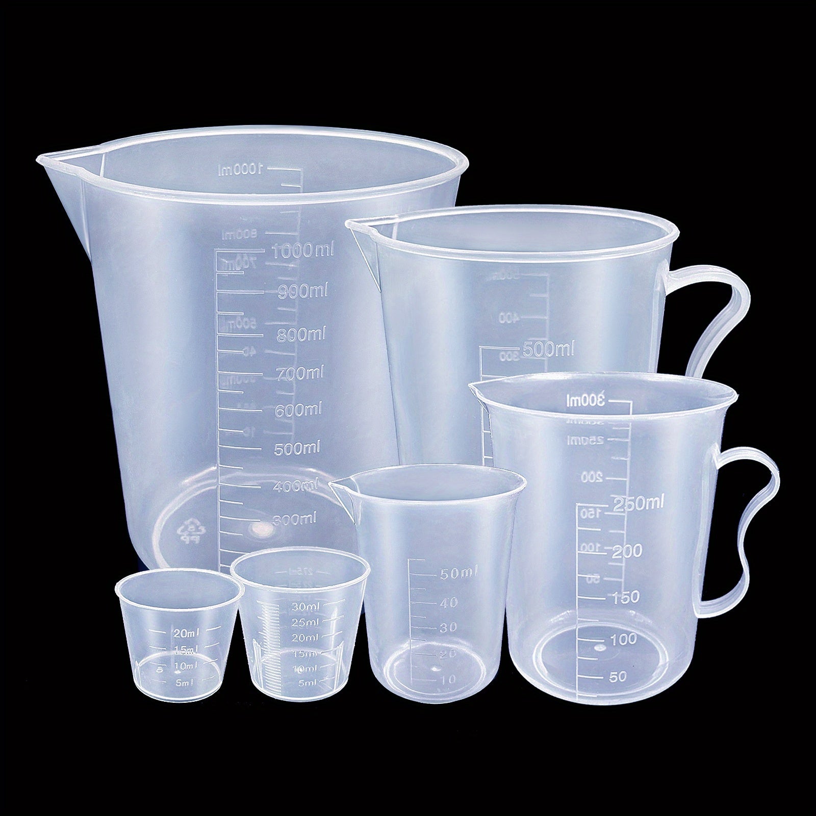 Set of 6 Plastic Measuring Cups with Pour Spouts, Transparent, 20ml-1000ml