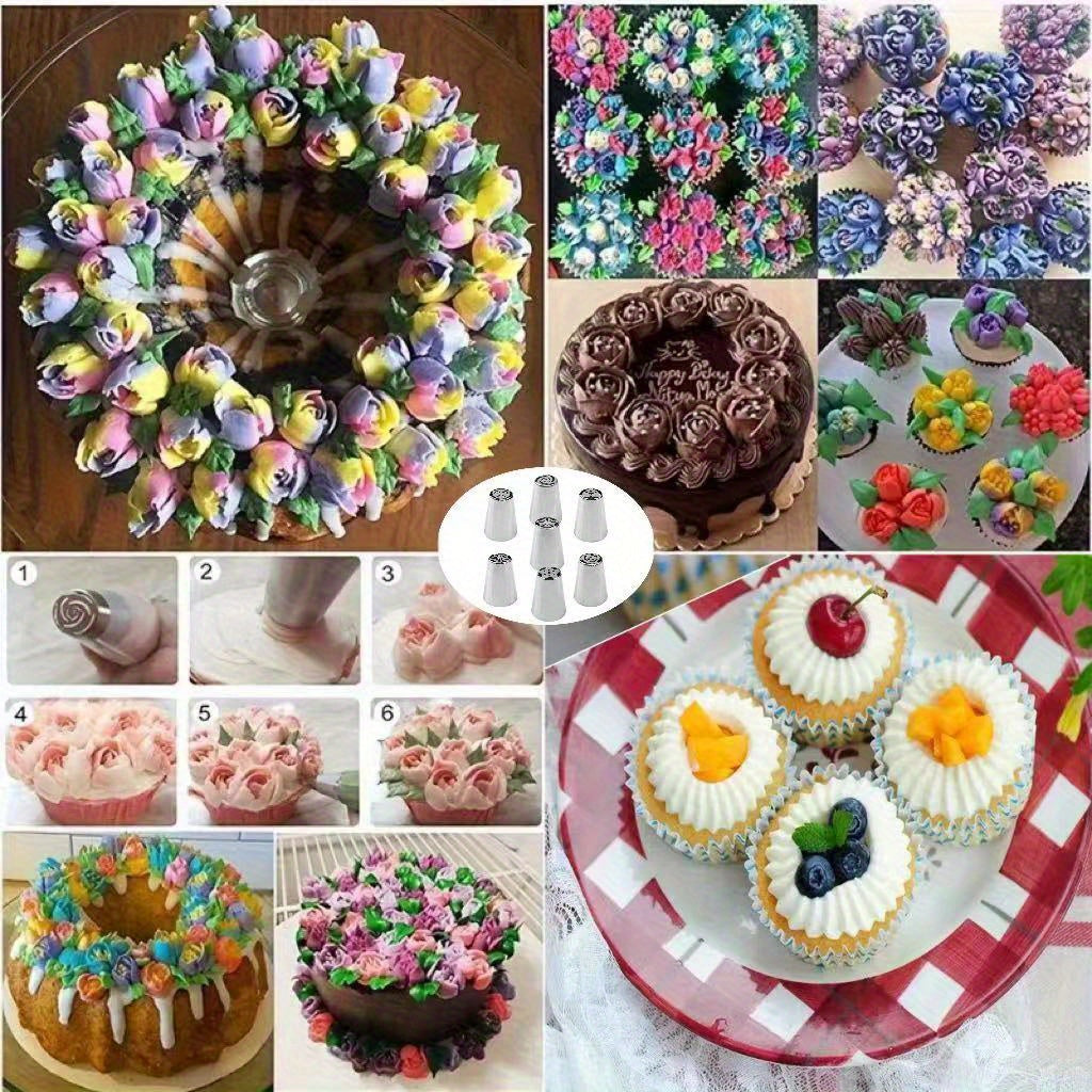 7 dona zanglamas po'latdan yasalgan rus piping uchi to'plami - oziq-ovqat uchun xavfsiz, tortlar, kekslar, pechene va pufflarni bezash uchun mukammal - tug'ilgan kunlar, partiyalar va uy pishiruvchilari uchun zarur pishirish asboblari