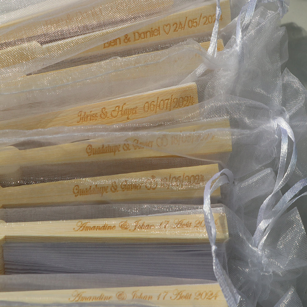 100 Pack White Silk Hand Fans with Gift Bags for Weddings and Parties