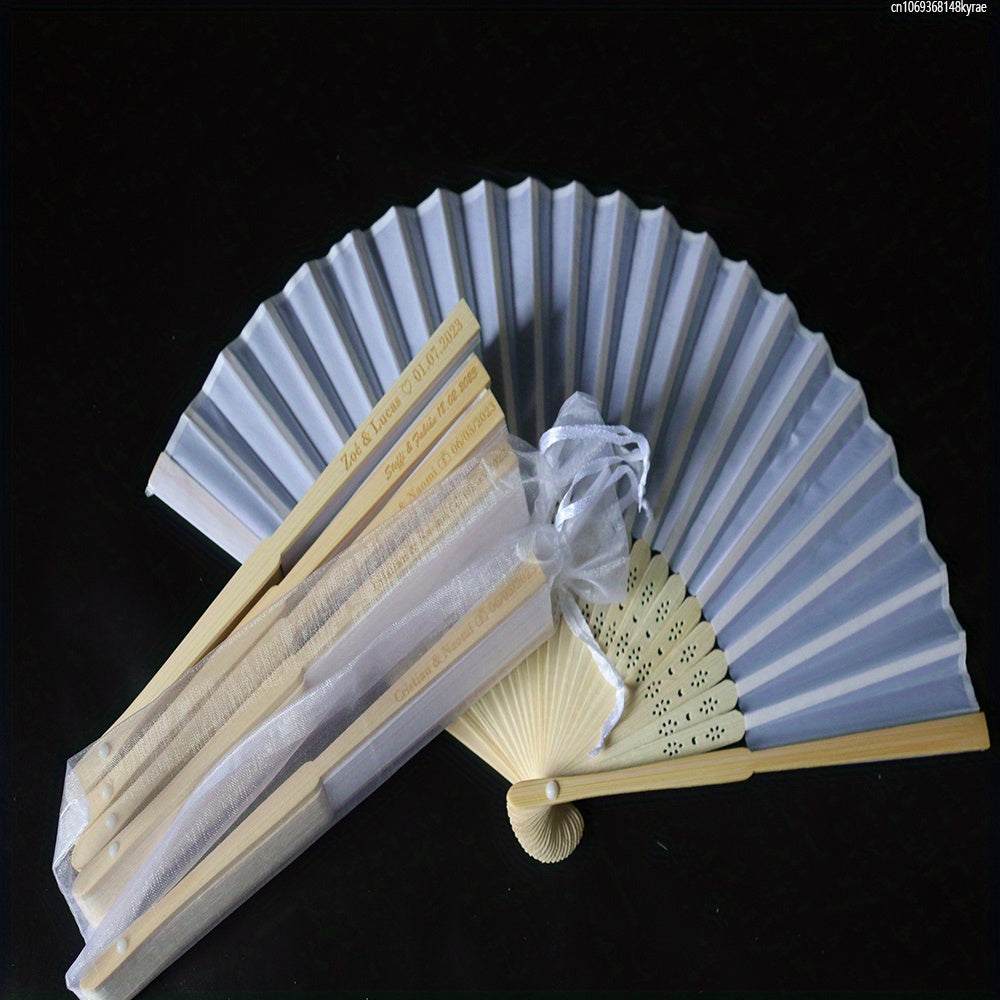 100 Pack White Silk Hand Fans with Gift Bags for Weddings and Parties