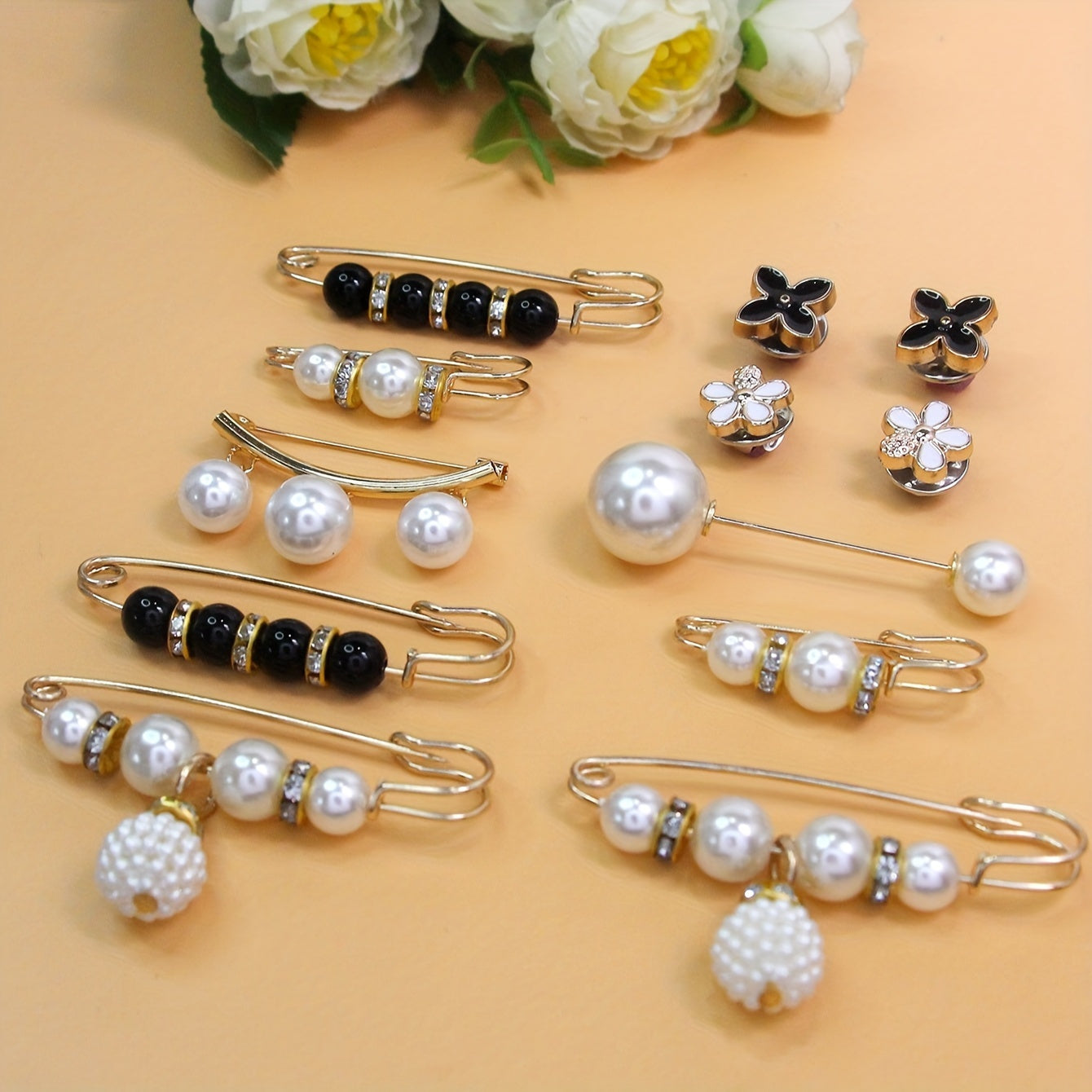 Set of 12 Elegant Plastic and Acrylic Brooch Pins for Dresses and Hats