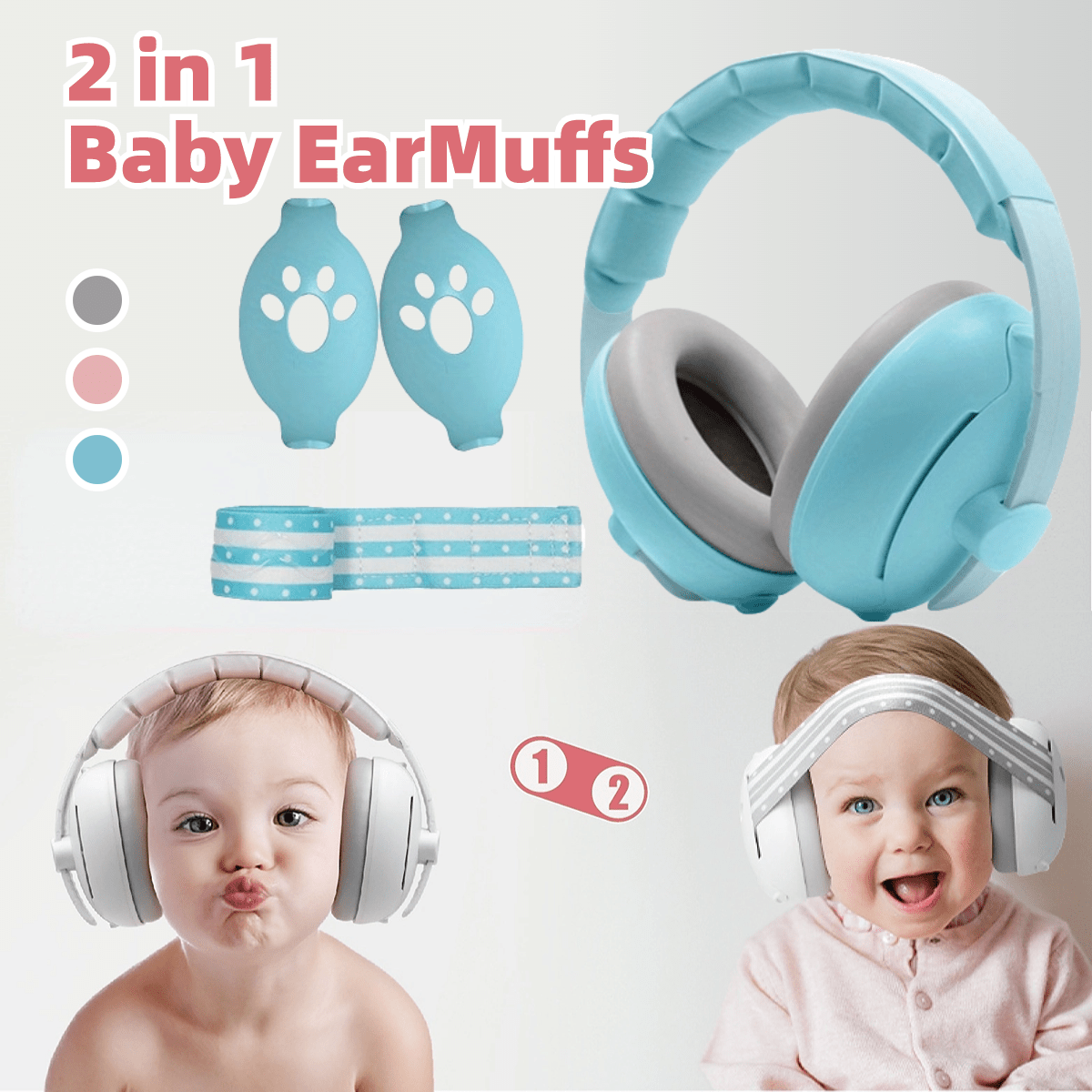 Kids Noise-Cancelling Ear Muffs 2-in-1 Lead-Free White Pink Blue Hearing Protection