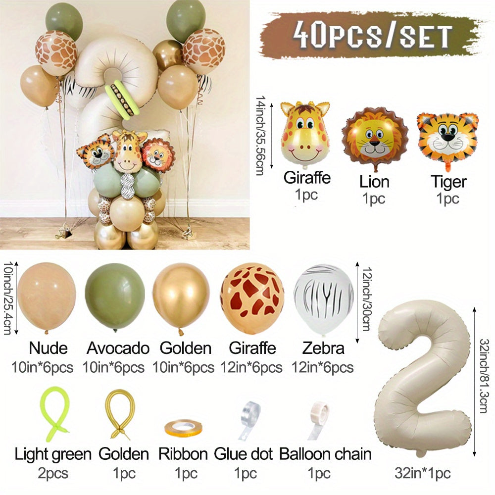 40-Piece Safari Animal Balloon Garland Set with Lion Tiger Giraffe Foil and Number Balloons