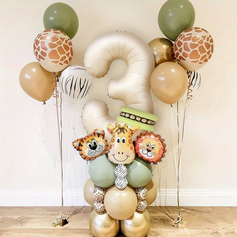 40-Piece Safari Animal Balloon Garland Set with Lion Tiger Giraffe Foil and Number Balloons