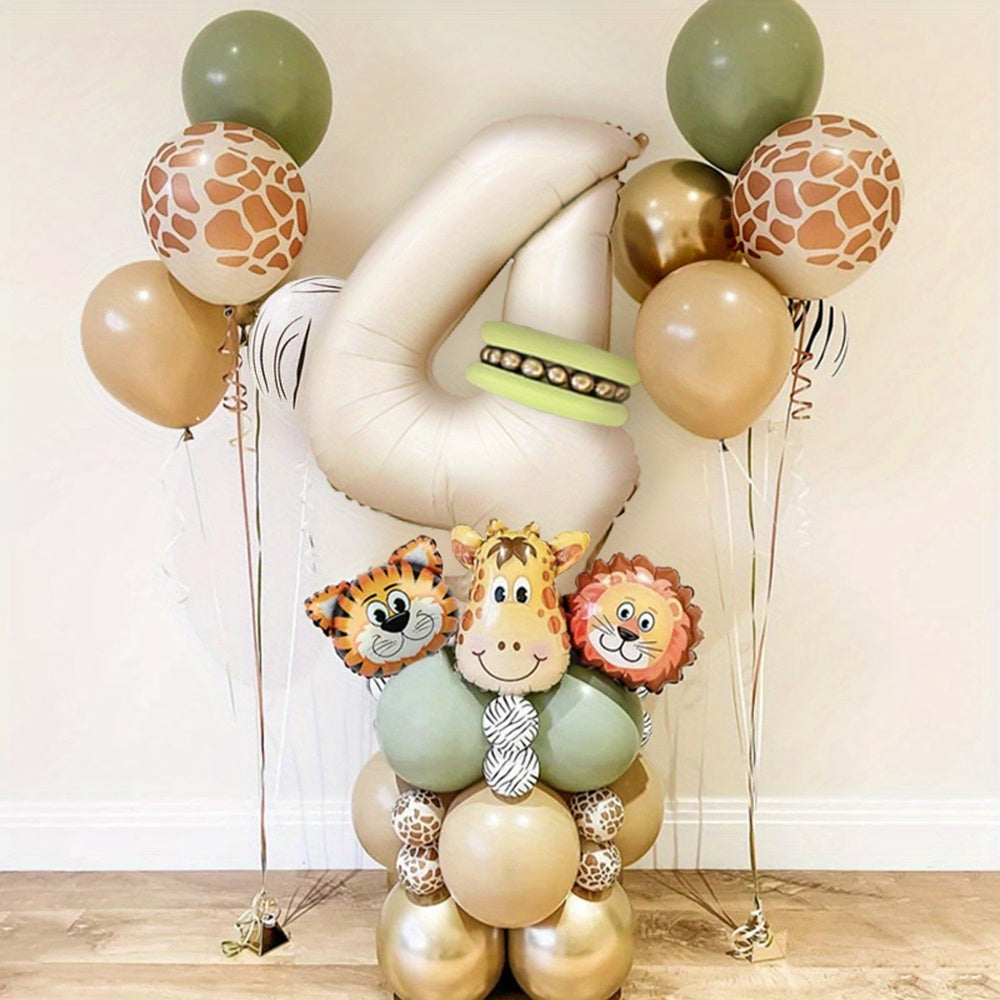 40-Piece Safari Animal Balloon Garland Set with Lion Tiger Giraffe Foil and Number Balloons