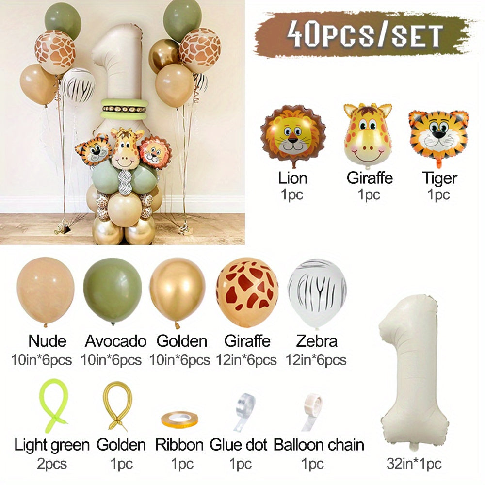 40-Piece Safari Animal Balloon Garland Set with Lion Tiger Giraffe Foil and Number Balloons