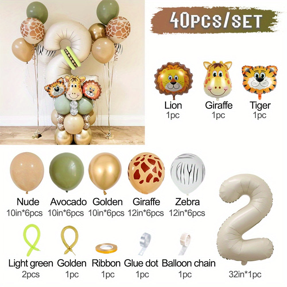 40-Piece Safari Animal Balloon Garland Set with Lion Tiger Giraffe Foil and Number Balloons