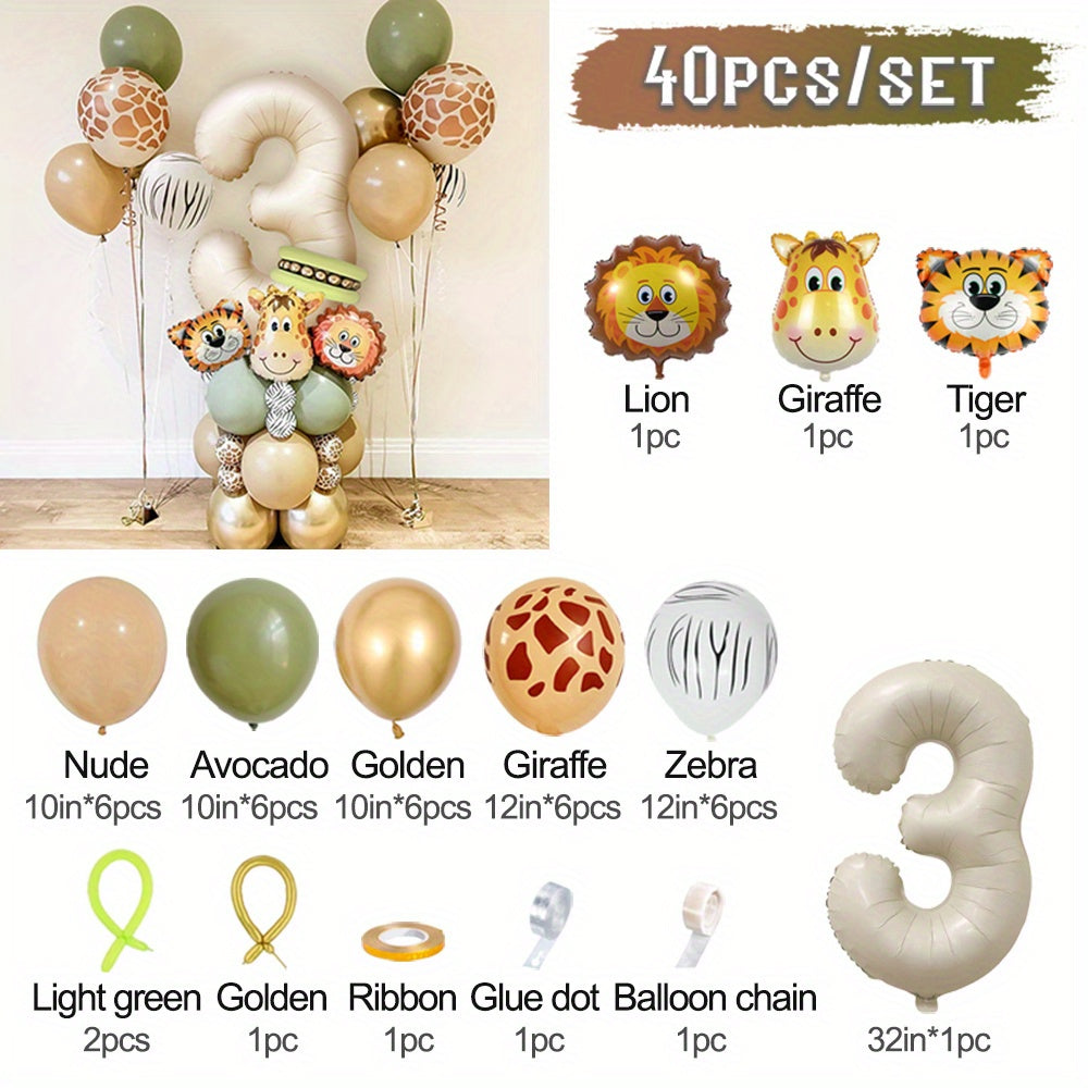 40-Piece Safari Animal Balloon Garland Set with Lion Tiger Giraffe Foil and Number Balloons