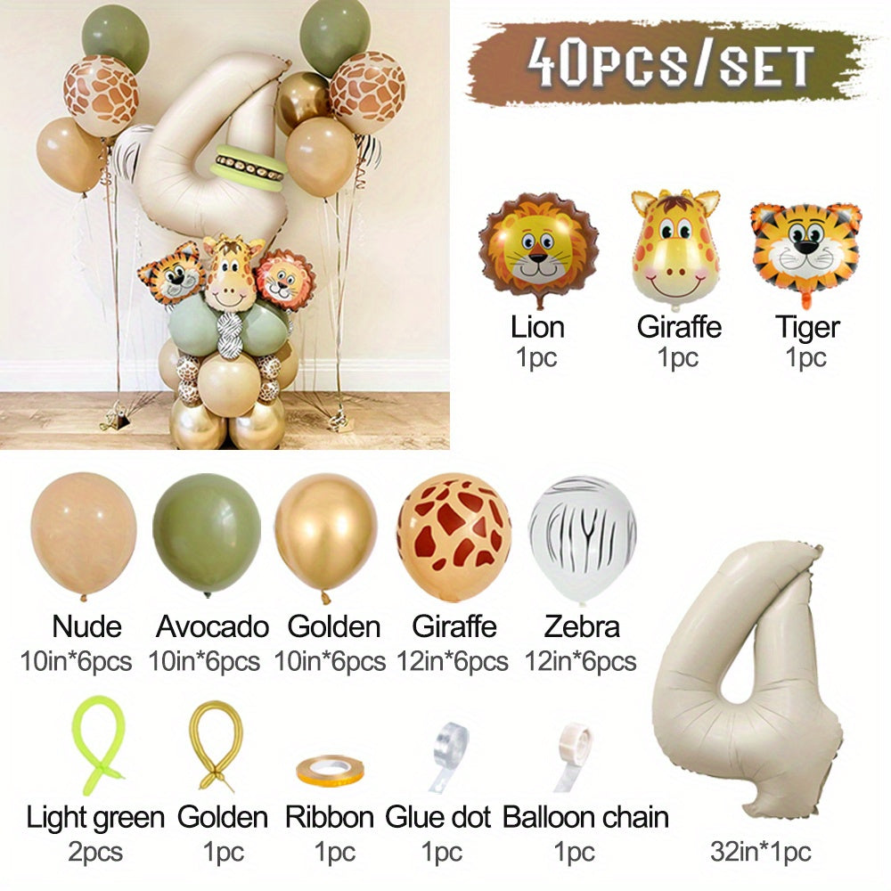 40-Piece Safari Animal Balloon Garland Set with Lion Tiger Giraffe Foil and Number Balloons