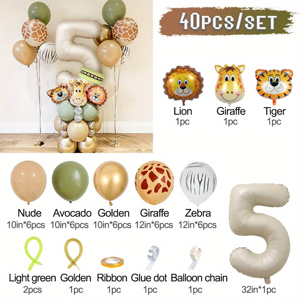 40-Piece Safari Animal Balloon Garland Set with Lion Tiger Giraffe Foil and Number Balloons