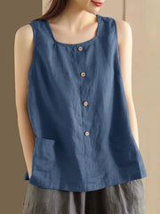 Plus Size Women's Sleeveless Woven Tank Top with Pockets Solid Color