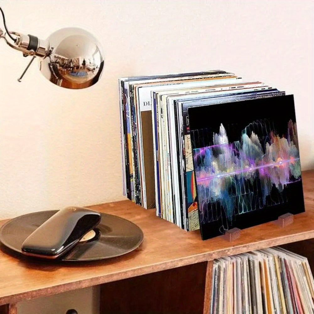 Contemporary Vinyl Record Organizer with Wooden Base Space-Saving Large Capacity Storage Shelf
