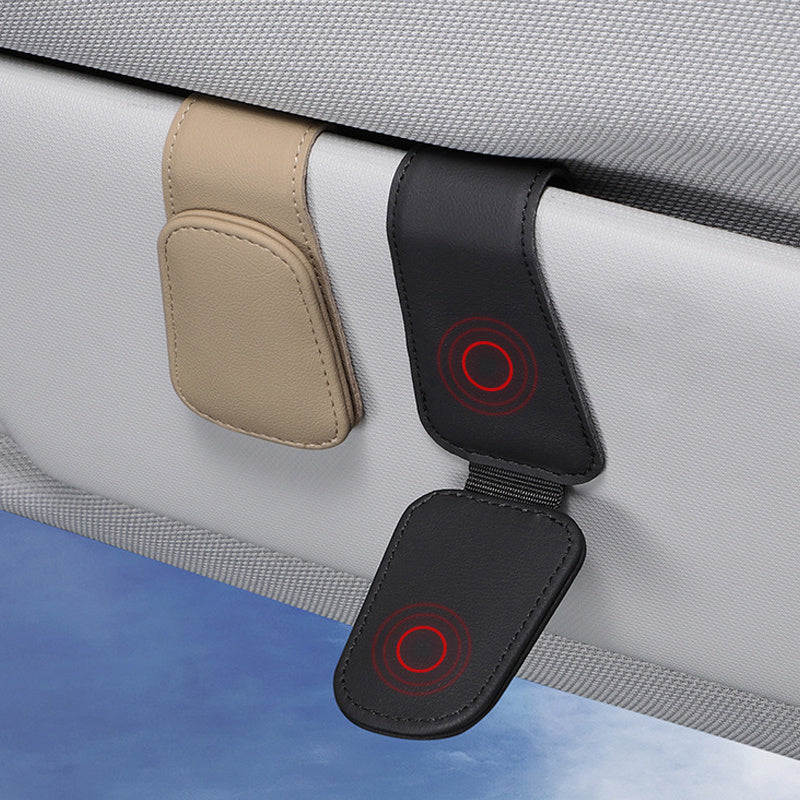 Leather Car Sunglass Holder with Magnetic Visor Clip and Universal Glasses Hanger