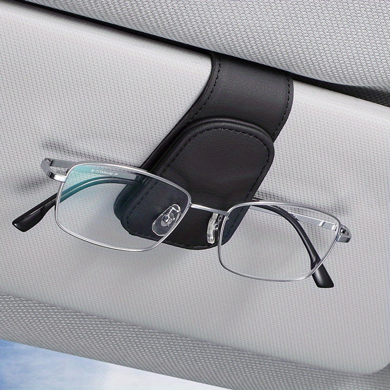 Leather Car Sunglass Holder with Magnetic Visor Clip and Universal Glasses Hanger
