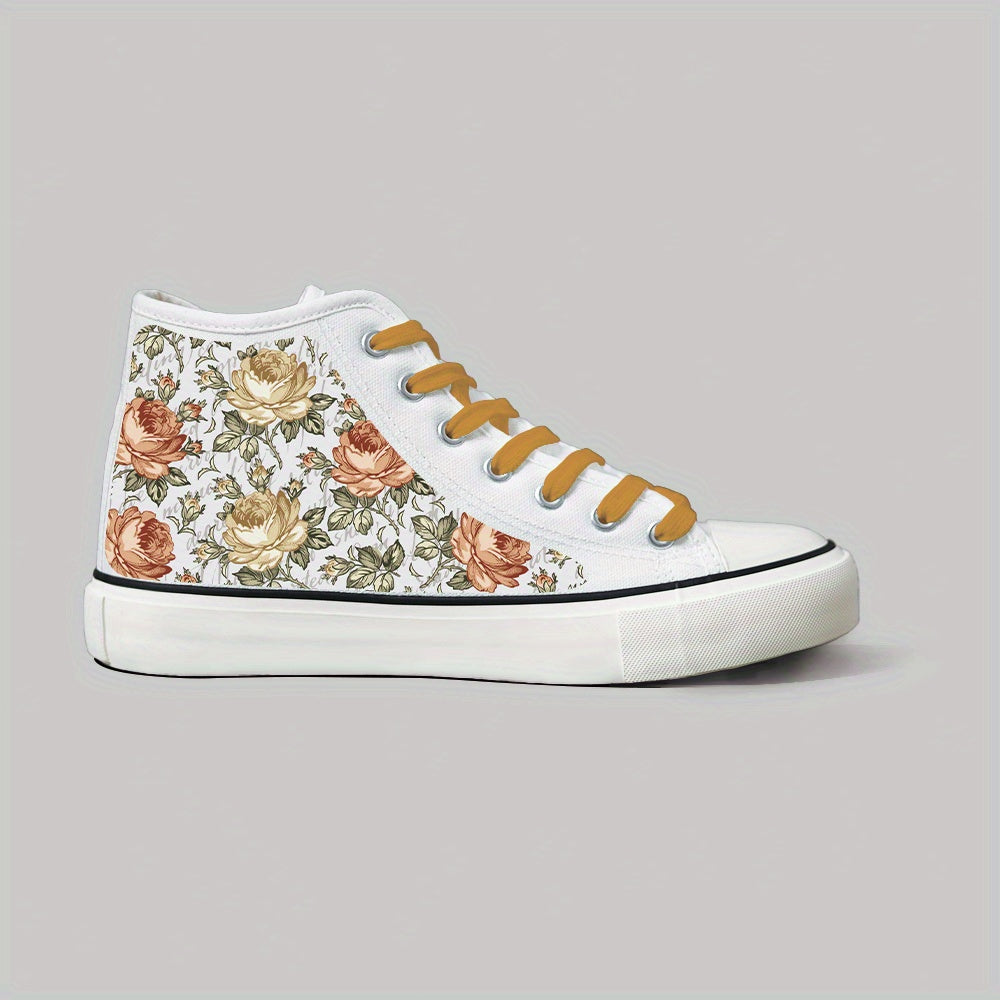 Women's Floral Print Skate Sneakers Black White Casual Lace-Up Flat Shoes