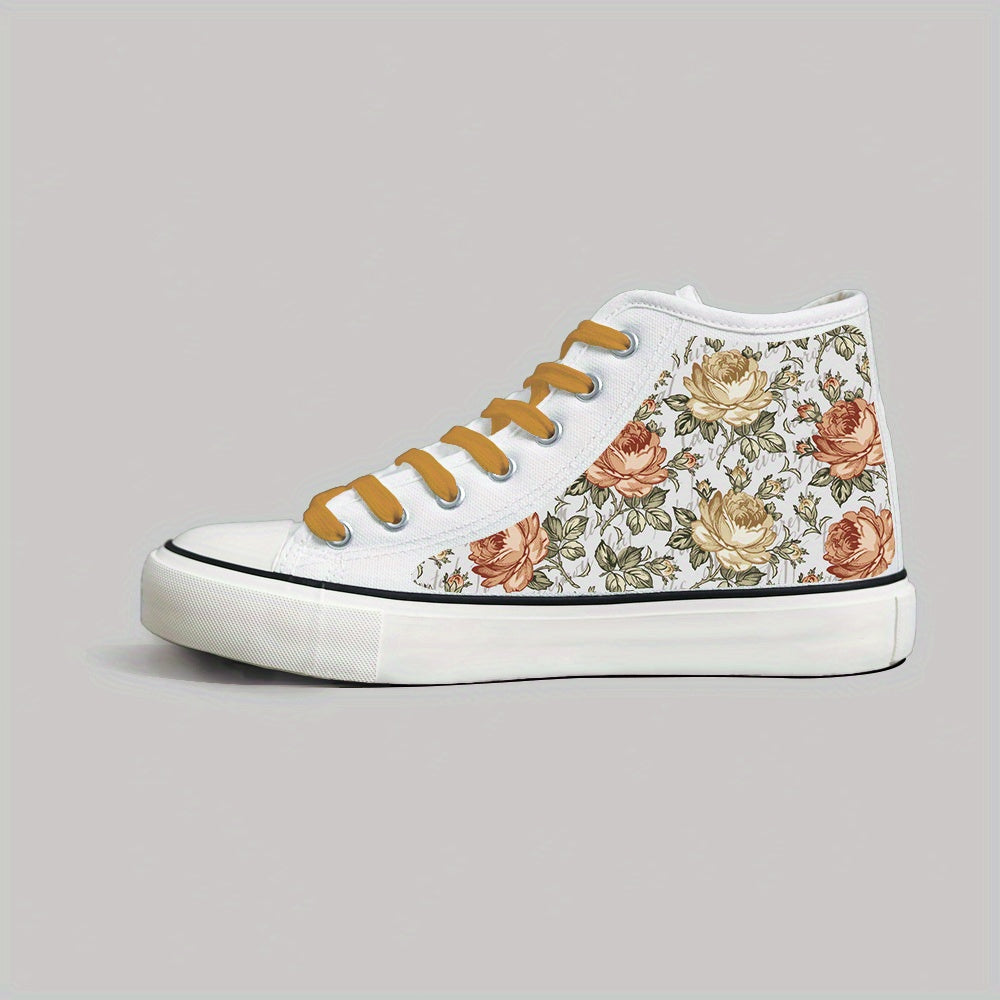 Women's Floral Print Skate Sneakers Black White Casual Lace-Up Flat Shoes