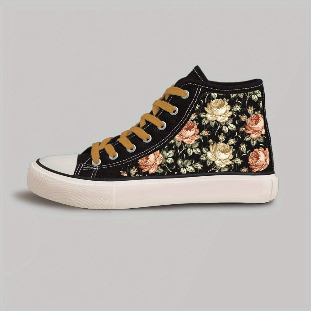 Women's Floral Print Skate Sneakers Black White Casual Lace-Up Flat Shoes