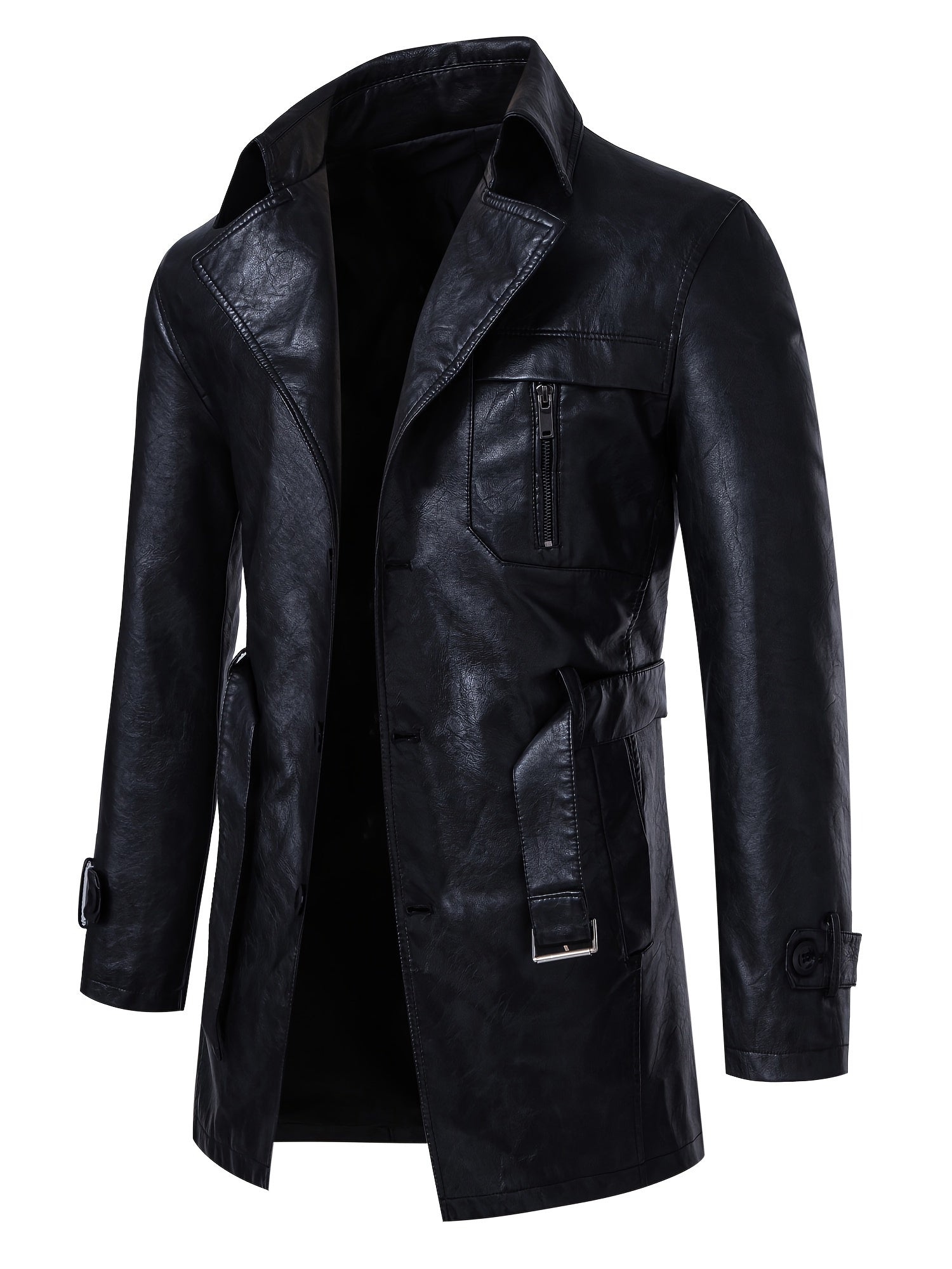 Men's PU Leather Windbreaker Jacket with Waist Belt Long Sleeve Solid Street Style