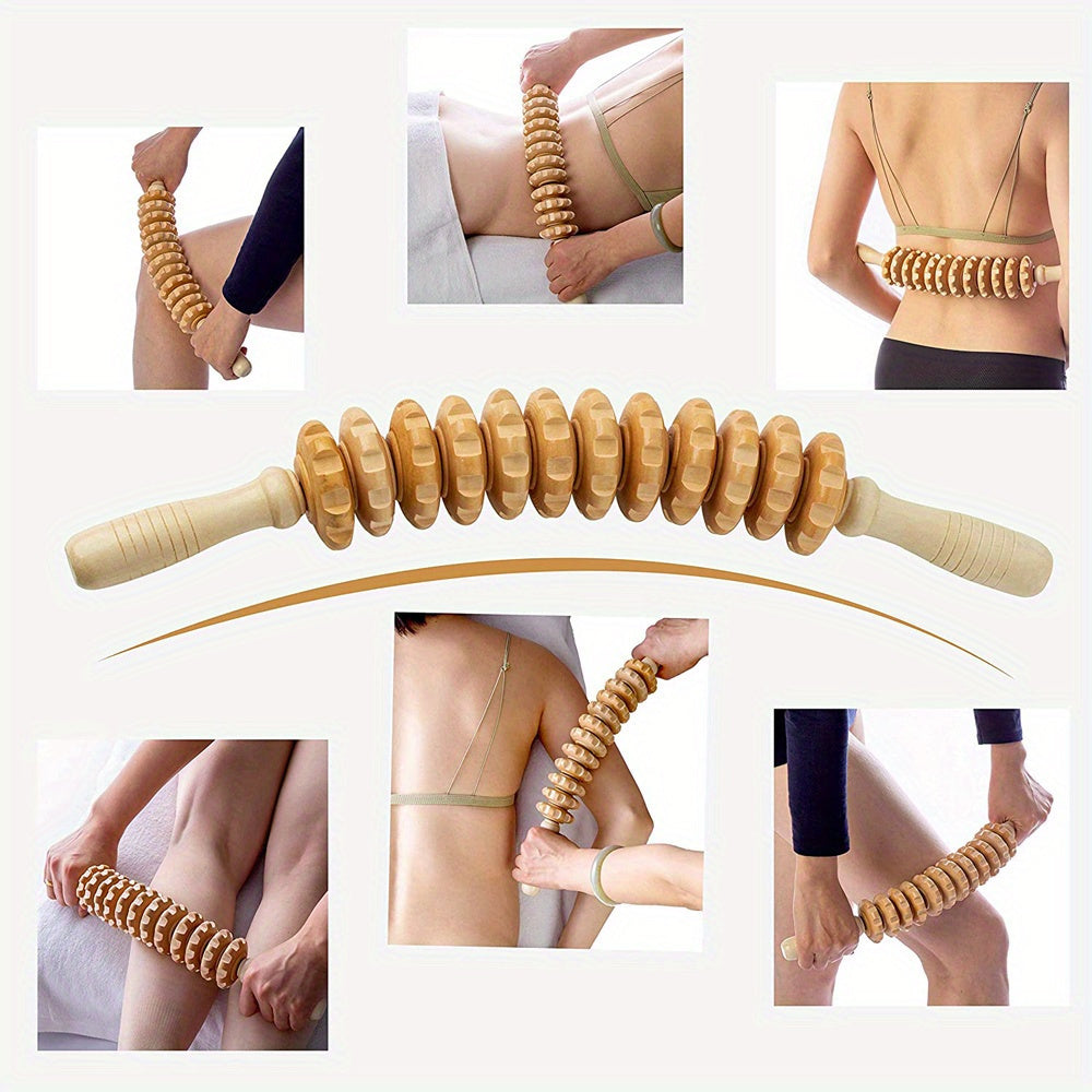 Wooden 12-Wheel Full Body Massage Roller Trigger Point Myofascial Therapy Deep Tissue