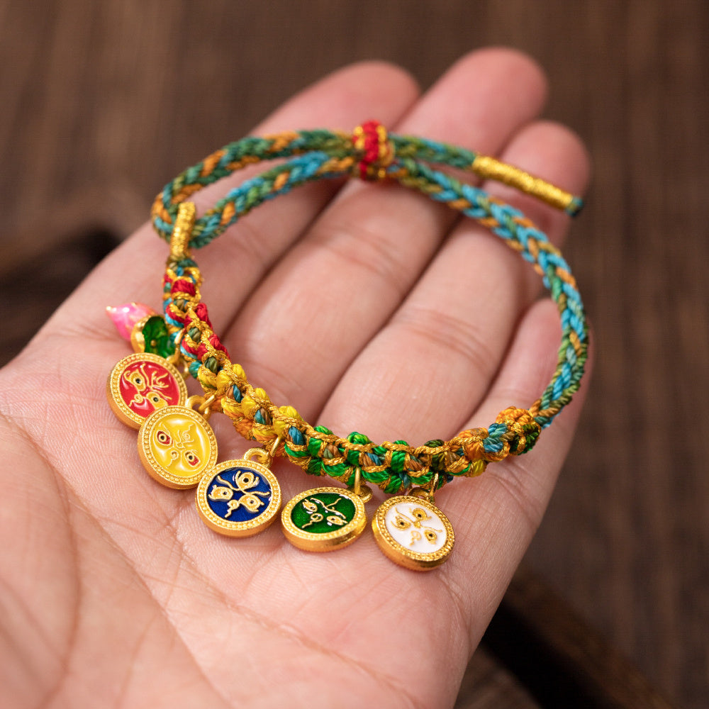 Винтажный ручной работы многоцветный плетёный браслет из шнура с китайскими амулетами удачи для женщин