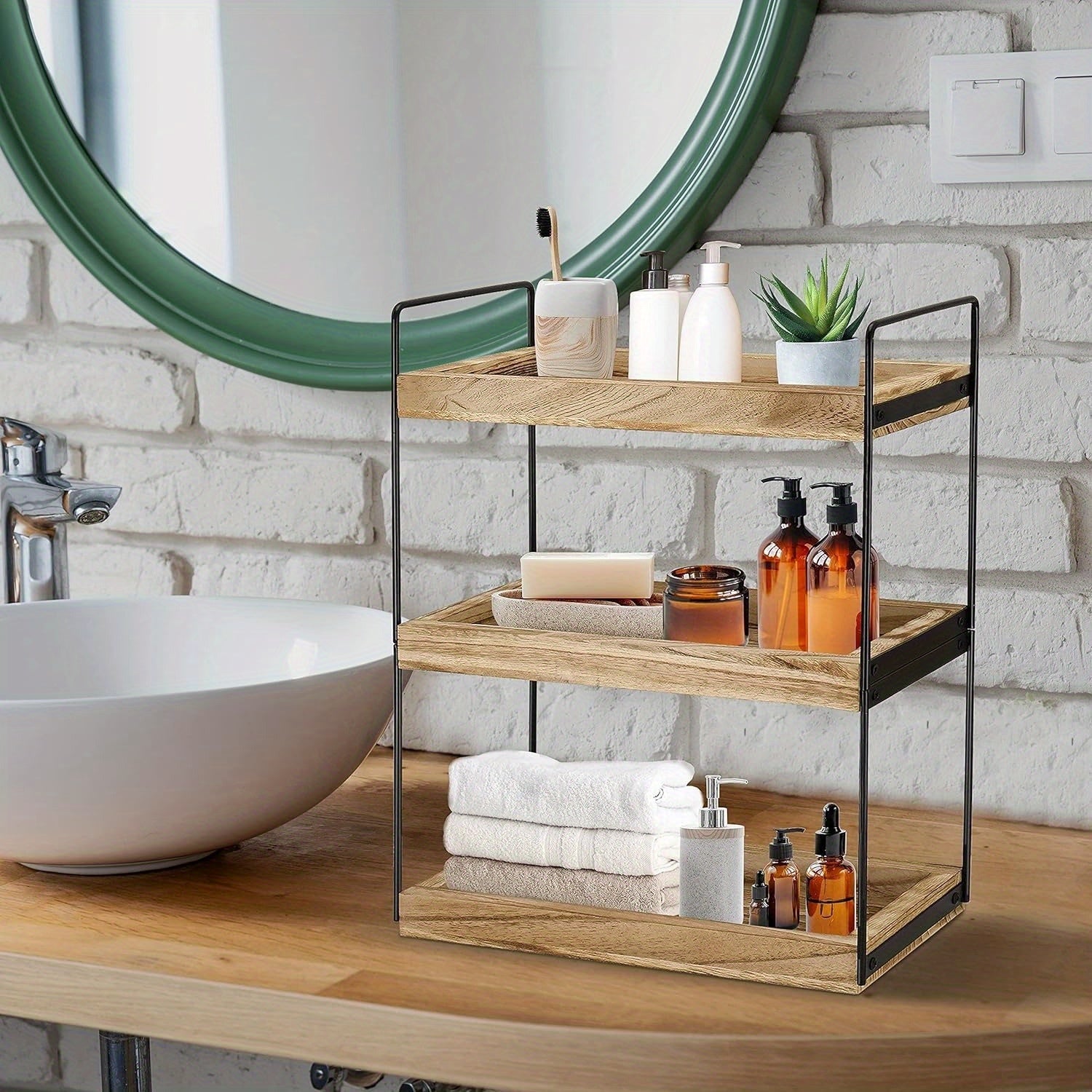 2/3-Tier Solid Wood and Metal Display Rack for Kitchen Bathroom Countertop Organizer