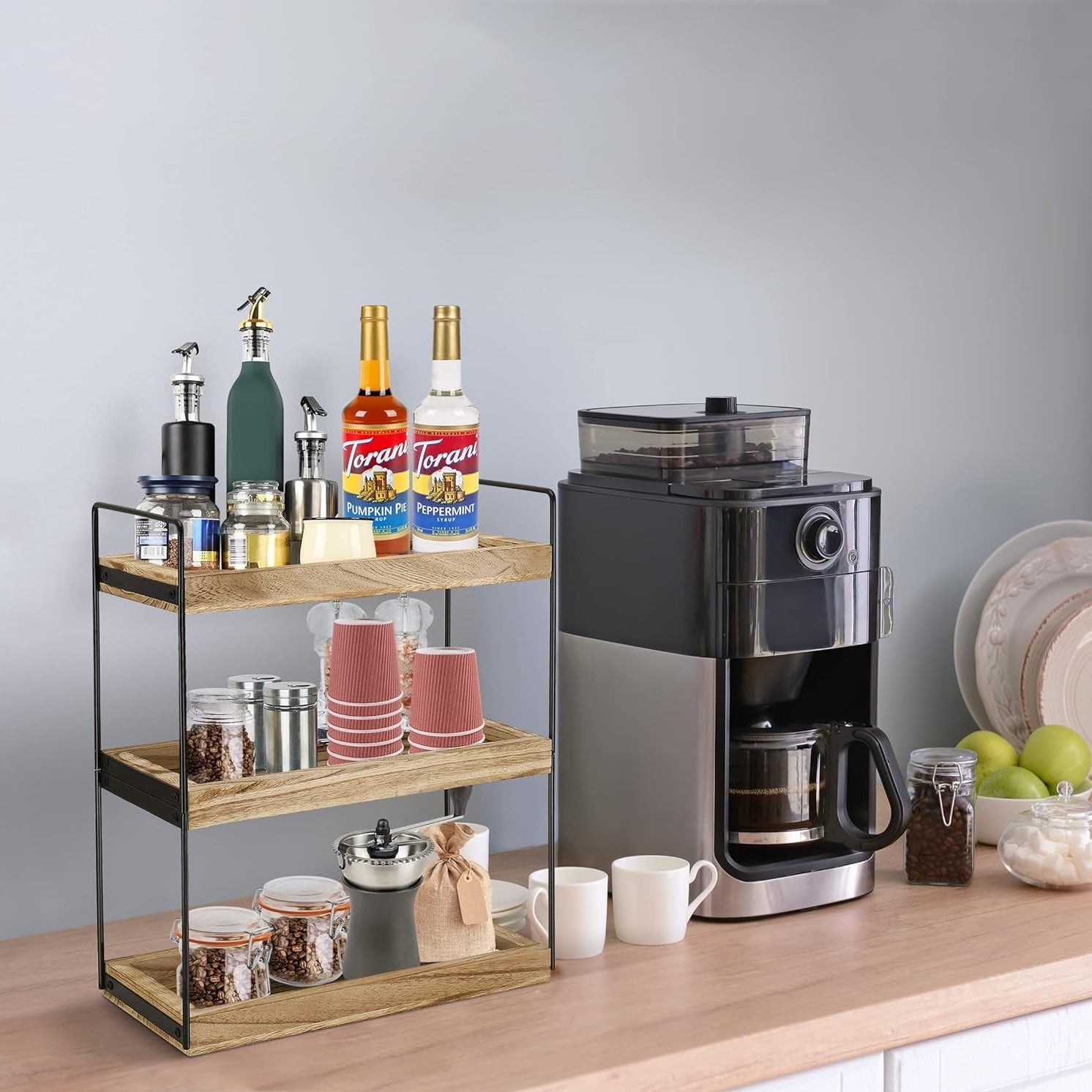 2/3-Tier Solid Wood and Metal Display Rack for Kitchen Bathroom Countertop Organizer