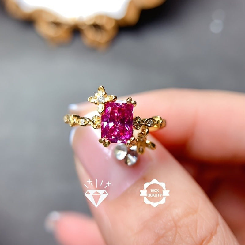 Vintage Floral Ring with 1 Carat Pink Moissanite Sterling Silver 18K Gold Plated