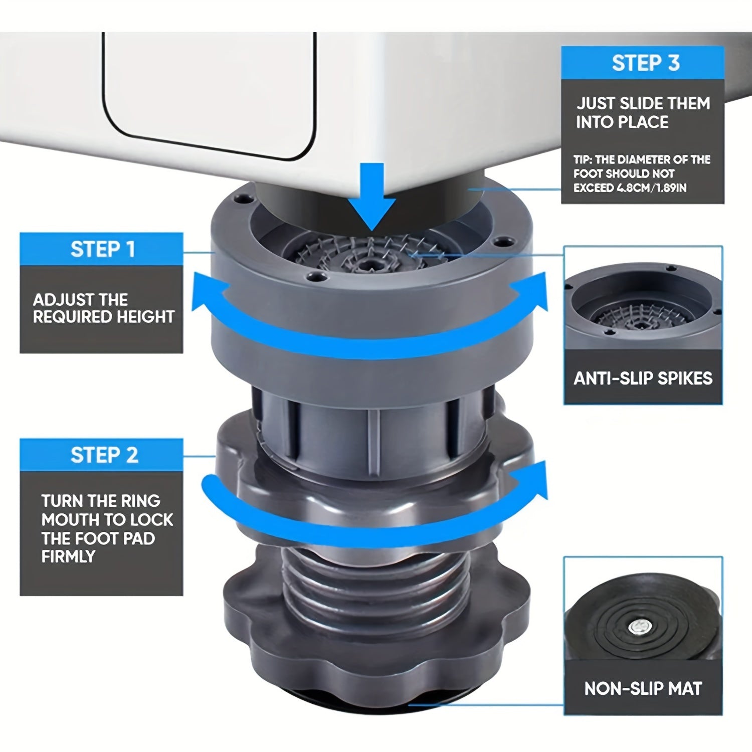 4-Piece Adjustable Washing Machine Foot Pads Shock Absorption Anti-Slip