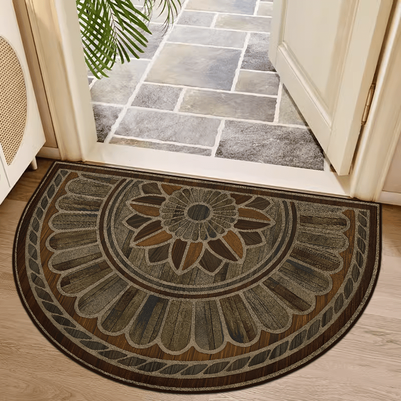 Semi-Circular Door Mat Retro Wood Grain Non-Slip Thick Hand Washable 50cm 60cm