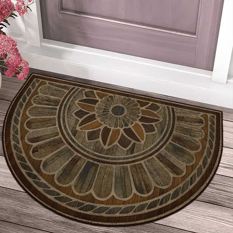 Semi-Circular Door Mat Retro Wood Grain Non-Slip Thick Hand Washable 50cm 60cm