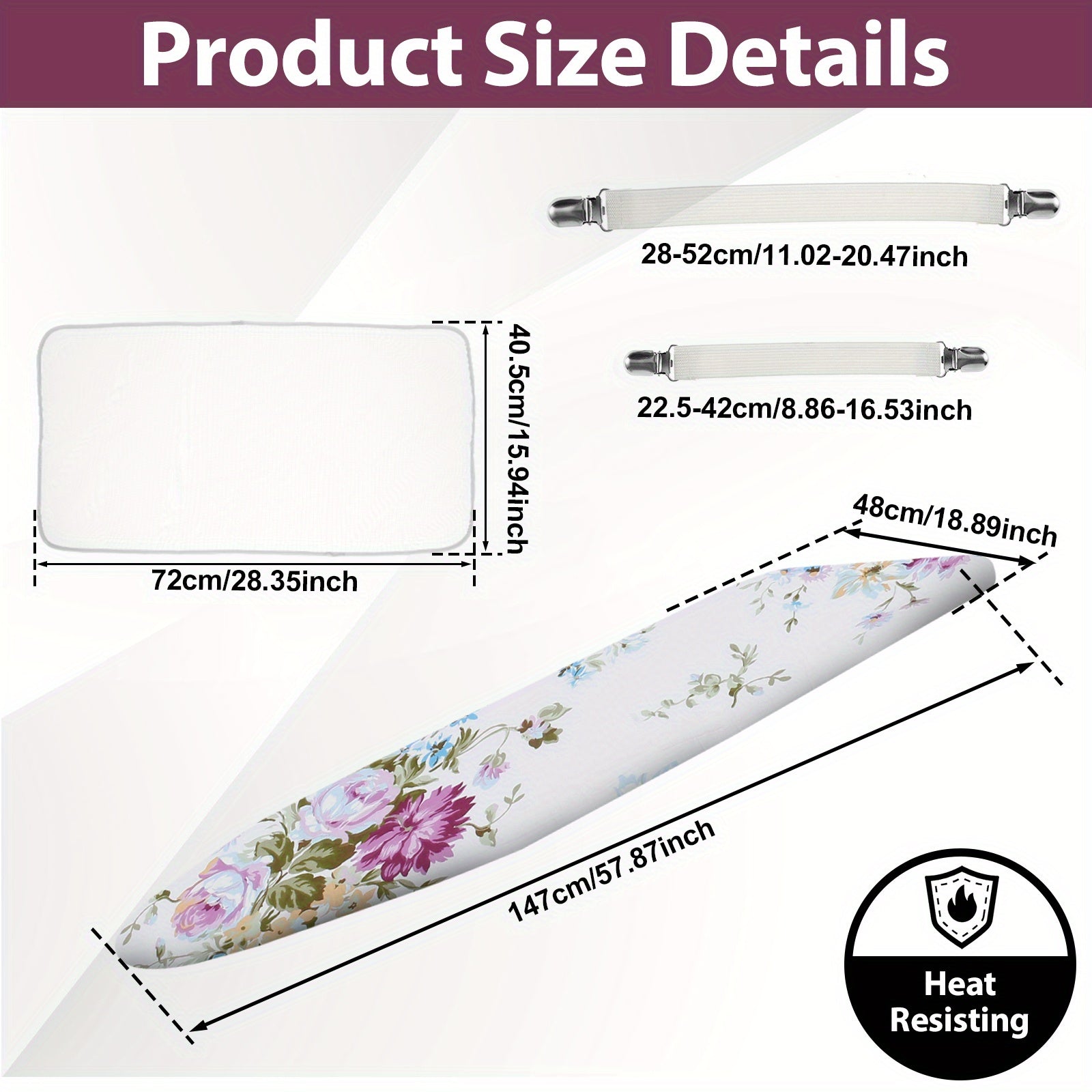 Ironing Board Cover Set with Elastic Edges and Ironing Mat, Scorch Resistant, Fits 146.81x47.75cm