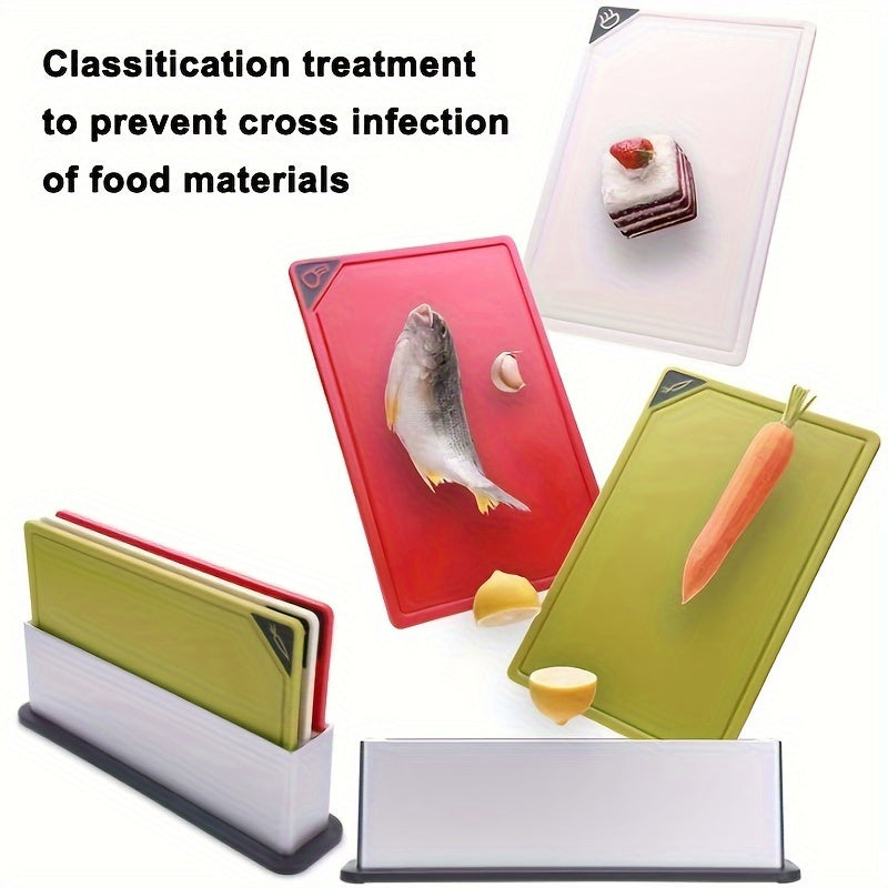 4 ta kesish taxtalari to'plami, BPA-free materialdan tayyorlangan, saqlash bazasi bilan - idish yuvish mashinasida xavfsiz, sirpanmaydigan yuzasi, go'sht, pishloq, mevalar va sabzavotlar uchun mustahkam plastik taxtalar - oshxona uchun zarur vositalar