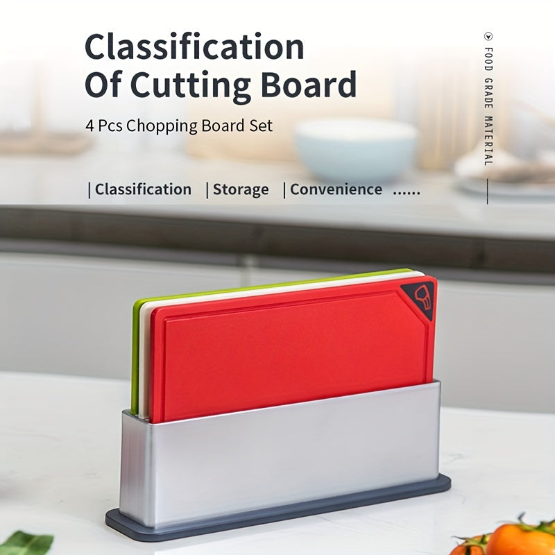 4 ta kesish taxtalari to'plami, BPA-free materialdan tayyorlangan, saqlash bazasi bilan - idish yuvish mashinasida xavfsiz, sirpanmaydigan yuzasi, go'sht, pishloq, mevalar va sabzavotlar uchun mustahkam plastik taxtalar - oshxona uchun zarur vositalar