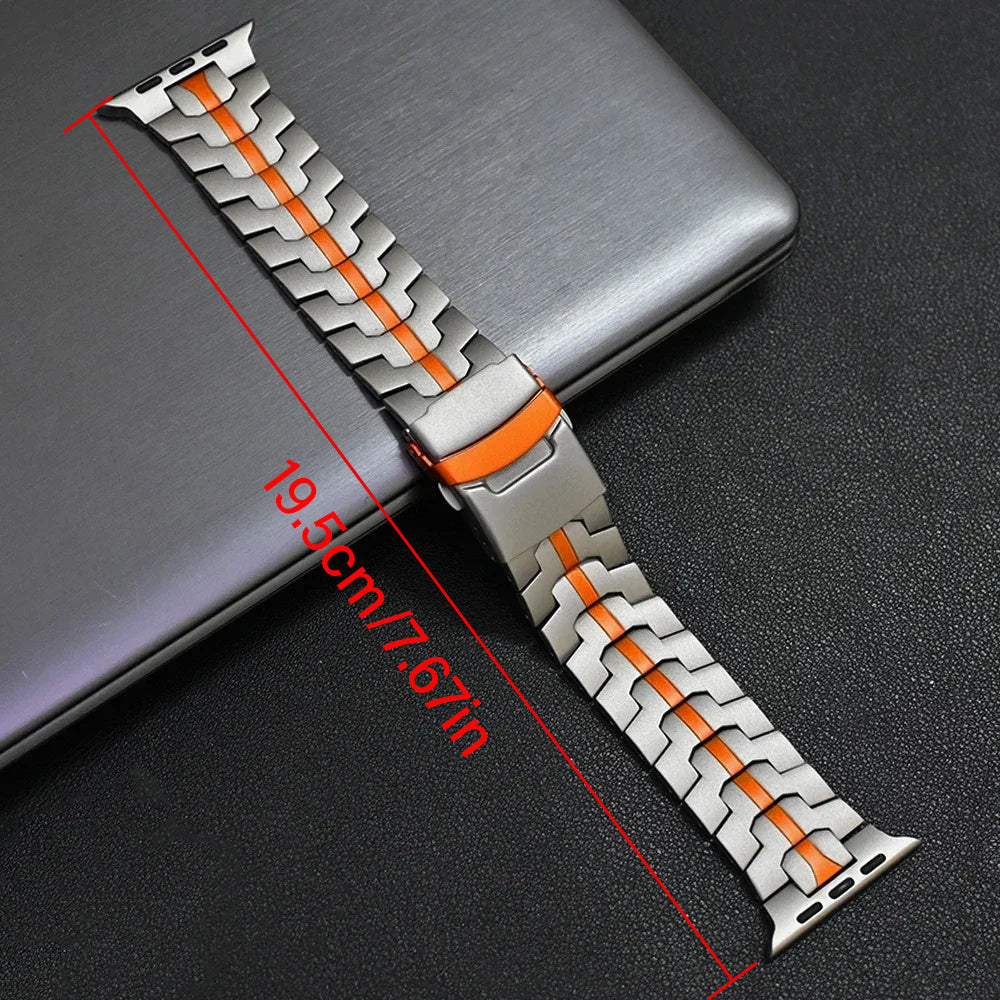 Titanium Alloy Apple Watch Band for Series 10 Ultra 2 46mm 49mm with Stainless Steel Clasp and Orange Accent Textured Metal Strap for iWatch 5 6 7 8 9 44mm 45mm