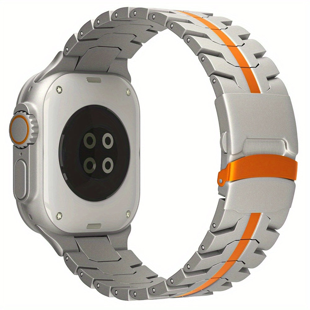 Titanium Alloy Apple Watch Band for Series 10 Ultra 2 46mm 49mm with Stainless Steel Clasp and Orange Accent Textured Metal Strap for iWatch 5 6 7 8 9 44mm 45mm