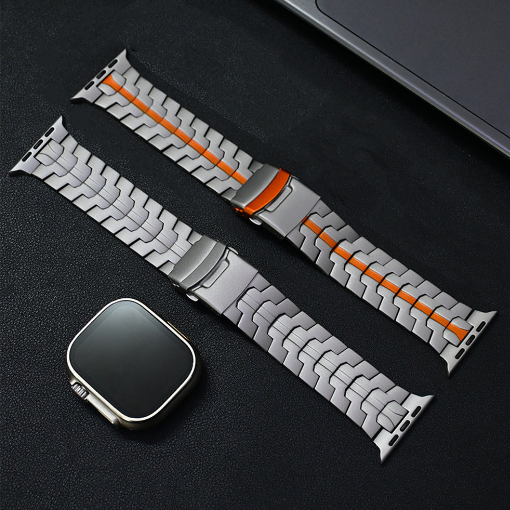 Titanium Alloy Apple Watch Band for Series 10 Ultra 2 46mm 49mm with Stainless Steel Clasp and Orange Accent Textured Metal Strap for iWatch 5 6 7 8 9 44mm 45mm