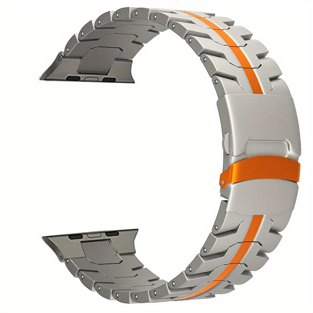 Titanium Alloy Apple Watch Band for Series 10 Ultra 2 46mm 49mm with Stainless Steel Clasp and Orange Accent Textured Metal Strap for iWatch 5 6 7 8 9 44mm 45mm
