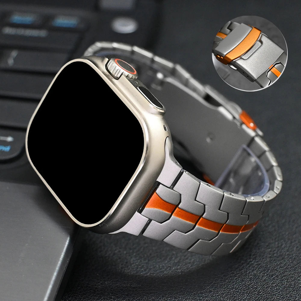 Titanium Alloy Apple Watch Band for Series 10 Ultra 2 46mm 49mm with Stainless Steel Clasp and Orange Accent Textured Metal Strap for iWatch 5 6 7 8 9 44mm 45mm