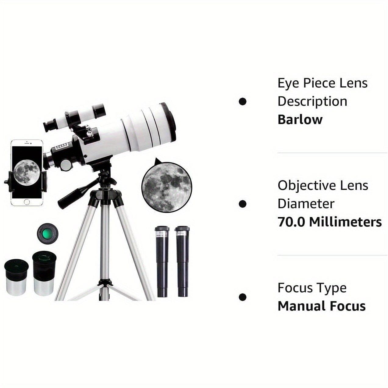 Professional Astronomy Telescope 75X Magnification 70mm Objective for Stargazing Moon Watching