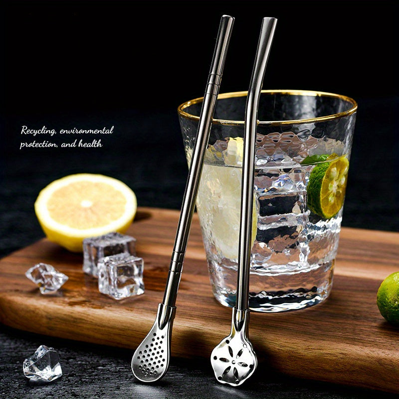 Stainless Steel Milk Tea Straw Spoon Reusable Extended Stirring and Filtering