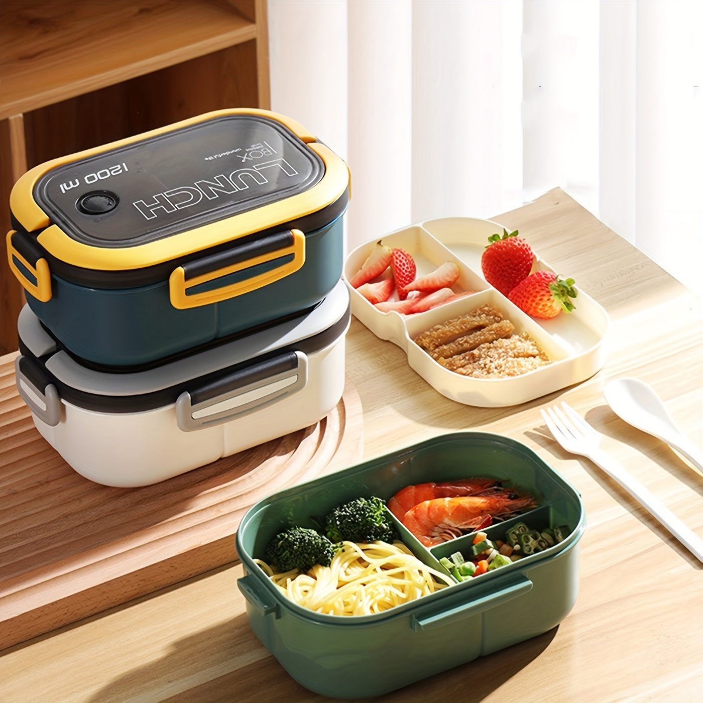 Microwave Safe Bento Box with Spoon and Fork, Leak-Proof, High Capacity