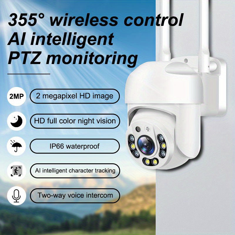 Cámara de seguridad WiFi impermeable con panorámica, inclinación, zoom 360°, vista panorámica, detección humana con IA, visión nocturna, audio bidireccional