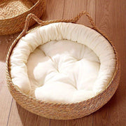 Woven Cat Basket with Bamboo Mat and Pillow 42.93cm Rattan Pet Bed