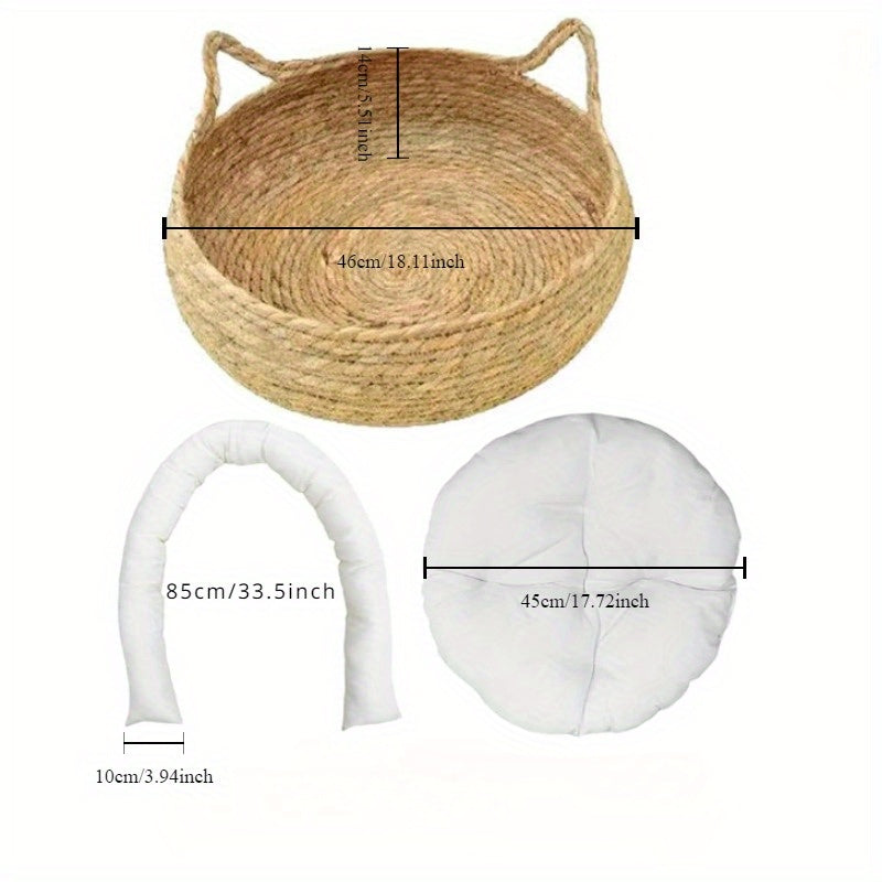 Woven Cat Basket with Bamboo Mat and Pillow 42.93cm Rattan Pet Bed