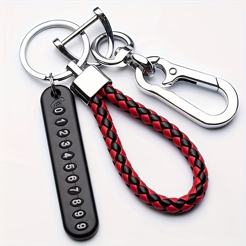 Car Keychain Aluminum Alloy Anti-Lost Phone Number Tag Braided Rope Detachable Clip