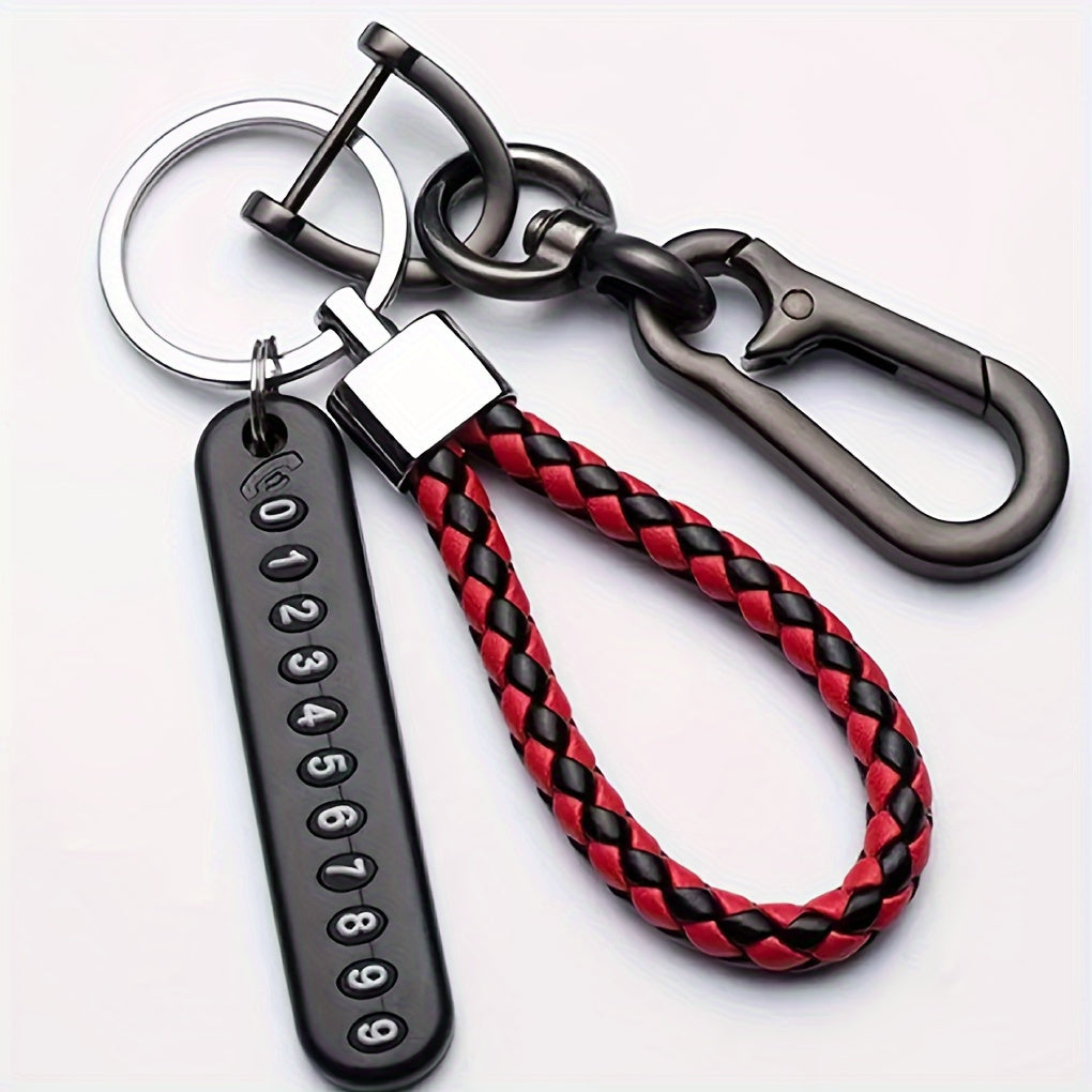 Car Keychain Aluminum Alloy Anti-Lost Phone Number Tag Braided Rope Detachable Clip