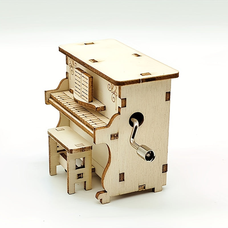 Caja de música de madera hecha a mano, pequeña caja de música de piano, luz amarilla