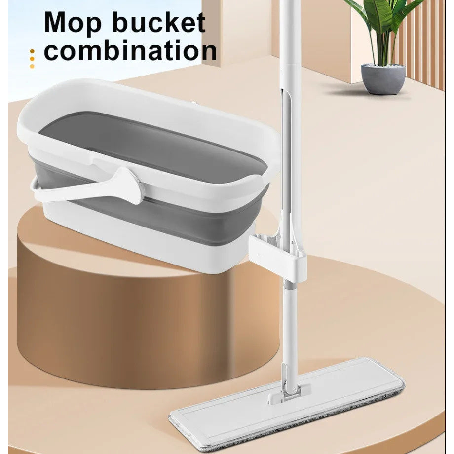Flat Mop and Bucket Set with Self-Wringing, Dual-Use Wet and Dry Cleaning